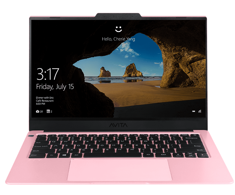 Pink laptop with picture.
