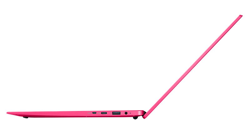 Pink laptop side view.